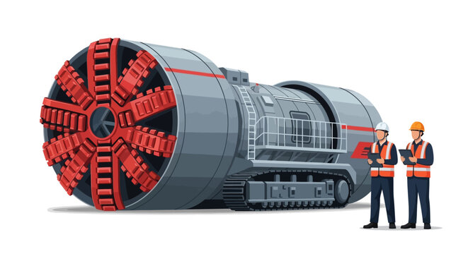 Two construction workers standing next to a large tunnel boring machine on a white background