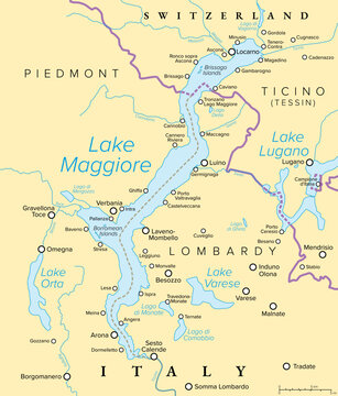 Lake Maggiore, large lake in Italy and Switzerland, political map. Lake situated on the south side of the Alps, divided between Italian regions Piedmont and Lombardy, and Swiss canton Ticino. Vector