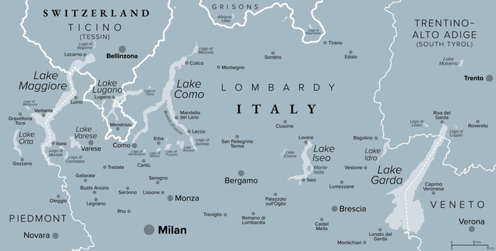Italian Lakes, Italian Lake District, gray political map. Group of lakes in Northern Italy and partly Switzerland on south side of the Alps. Largest lakes Lake Maggiore, Lake Como, Lake Garda. Vector