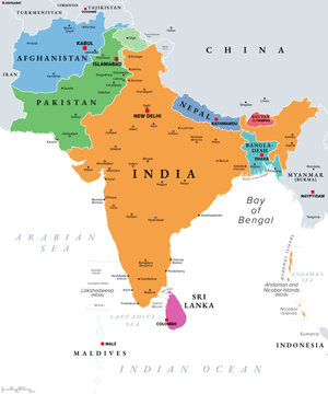 South Asia, multi colored political map. Southern Asia, a subregion of the Asian continent, comprising India, Pakistan, Afghanistan, Nepal, Bhutan, Bangladesh, Sri Lanka, and the Maldives. Vector