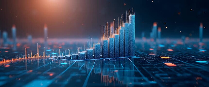 Futuristic bar graph rises dynamically amid digital data streams as the camera gently pans, with ambient lights flickering, in a cinematic representation of financial growth and technology.