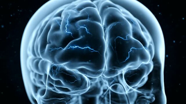 Human brain anatomy in blue tones.