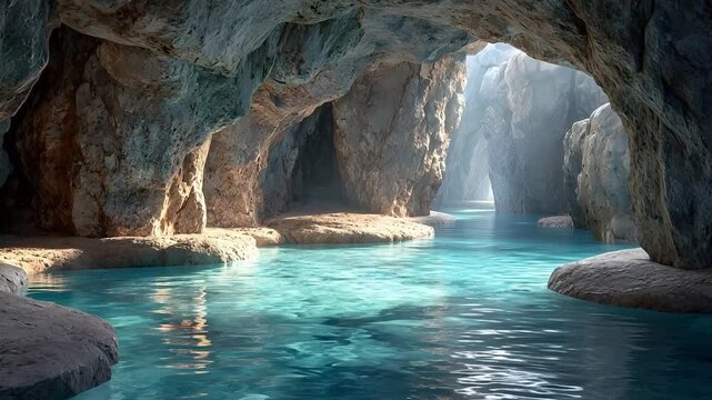 Mysterious underground cave lake features crystal clear turquoise water and rugged stone walls with ethereal light filtering down from an opening.