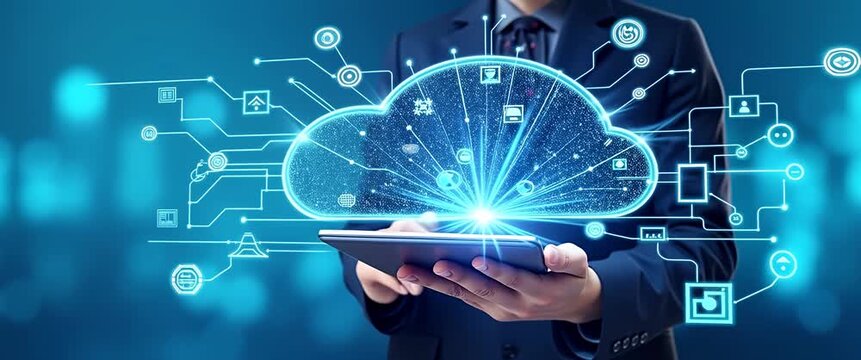 Business professional holds tablet displaying digital cloud network, with slow camera pan and ambient tech-themed motion, in a cinematic, futuristic scene.