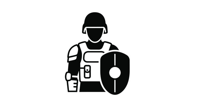 Black silhouette of a riot police officer with shield and helmet