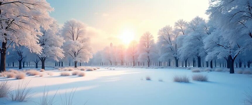 Winter sunrise illuminates a tranquil snowy landscape as gentle winds sway frosted trees, with a slow pan capturing the serene beauty of a cinematic winter wonderland.