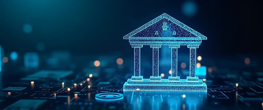 Digital banking transformation concept with glowing virtual bank icon, slow camera pan over circuit board, lights flicker gently, cinematic style, fintech innovation theme.