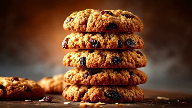 Stack of chewy oatmeal raisin cookies rests on a plate with crumbs, set against a soft focus background with a warm home-baked aesthetic vibe.