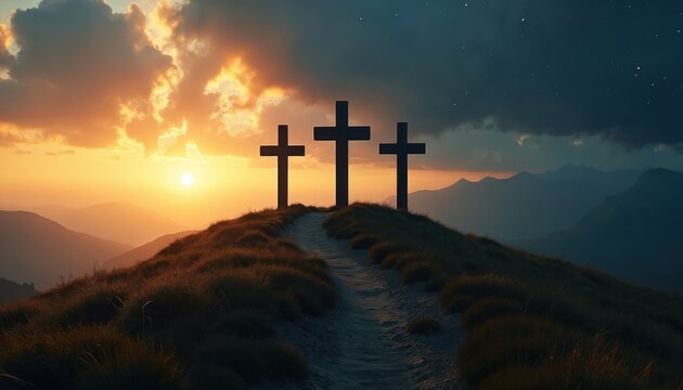 Three crosses stand silhouetted on a grassy hill against a dramatic sunset sky. A path leads up the hill between rolling mountains. The scene suggests sacrifice and spiritual hope at Golgotha.