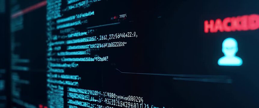 Cybersecurity breach cinematic video featuring red HACKED text pulsing on a computer screen, while the camera slowly pans across code lines, with lights flickering subtly in the background.