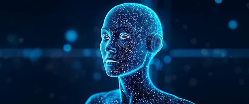 Futuristic humanoid robot head with glowing neural network, slowly rotating; camera pans smoothly across a high-tech digital interface with ambient light flicker, creating a cinematic, sci-fi atmosphe