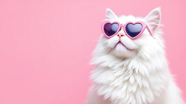 Adorable fluffy white cat sports stylish pink heart sunglasses against a vibrant pink backdrop.