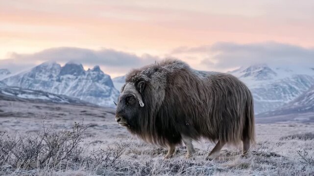Majestic musk ox walking on the Arctic tundra at sunset greenland animal video