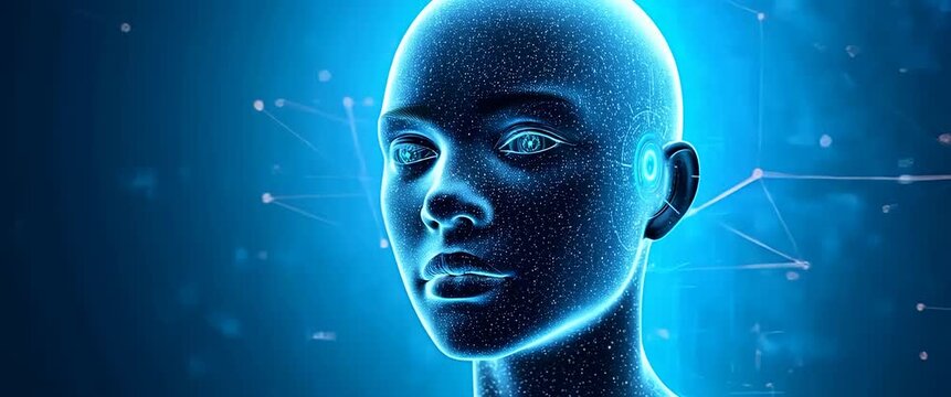 Futuristic AI interface with animated digital face gazes forward as data streams flow around; camera slowly pans across the scene in a cinematic, technology-focused style.