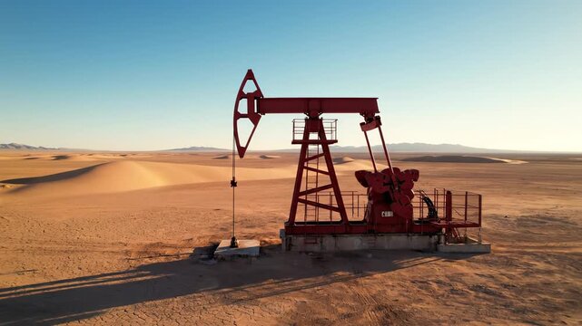 Single red oil pump jack operating continuously in a vast, arid desert landscape with sand dunes, extracting fossil fuels under a clear blue sky, illustrating the concept of energy production
