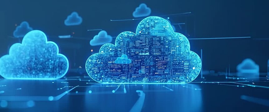 Futuristic digital cloud computing network with glowing data nodes vibrantly pulsating, captured in a cinematic slow pan, amidst an animated, dynamic cyber landscape.