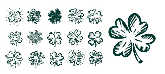 Saint Patricks Day, Green Clover set on white, hand drawn illustrations.	
