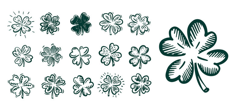 Saint Patricks Day, Green Clover set on white, hand drawn illustrations.	
