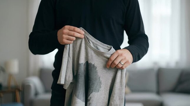 Person Holding Gray T-Shirt with Large Sweat Stain in Brightly Lit Living Room