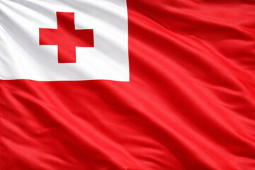 Waving Tonga Flag in Horizontal Format with Red Field and White Canton Cross