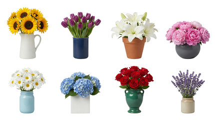 Obraz premium Fresh flower bouquet set including sunflowers, tulips, lilies, peonies, daisies, hydrangeas, roses, and lavender in vases isolated. Floral decoration and gift collection.