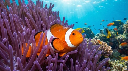 Clownfish swimming in sea anemone(イソギンチャクとクマノミ)