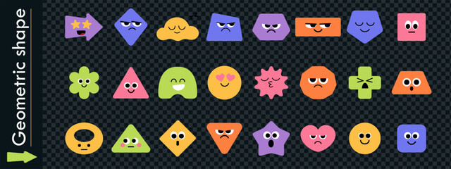 Geometric figure face icons in flat style, cute abstract shapes with emotions and character. Each geometric figure face is designed as simple and playful.