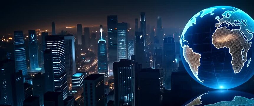 A glowing digital globe rotates slowly against a backdrop of a futuristic city skyline, with the camera smoothly panning to capture the ambient city lights in a cinematic style.