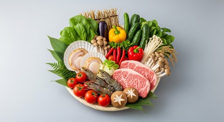 日本の山海の幸を凝縮した、新鮮な和牛・魚介・旬の野菜が揃う竹籠盛りの食材