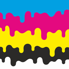 Obraz premium CMYK dripping paint layers form a bold abstract background, with cyan, magenta, yellow, and black liquid waves stacked above wide white copy space for clean poster layouts, flat style.