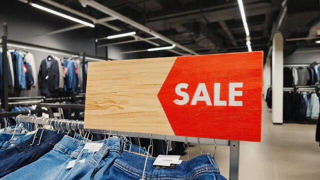 Red Sale Sign in Clothing Store, retail discount concept