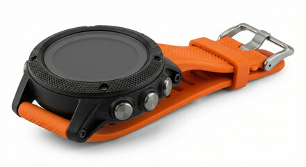 Fototapeta premium Rugged outdoor GPS sports watch with orange silicone strap and black reinforced case, isolated on white background.