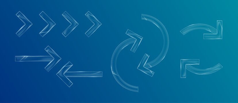 Vector illustration. Modern 3D glassmorphism arrow set with transparent frosted glass texture. Elements for web banners, UI, UX designs, and interfaces.