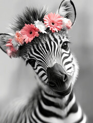 Fototapeta premium A cute little zebra with a flower crown on its head, black and white photo