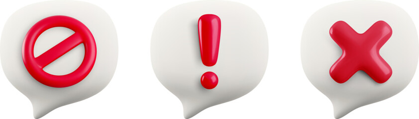 Fototapeta na wymiar Vector cartoon minimal 3d prohibition speech bubble set with red attention signs. Realistic render block message icon, exclamation mark, ban or stop chat cross button, important info symbol for app.