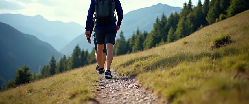 Hikers traverse a scenic mountain trail, their steps creating rhythmic motion as the camera gently pans to reveal expansive, sunlit views, capturing the essence of outdoor adventure in cinematic style