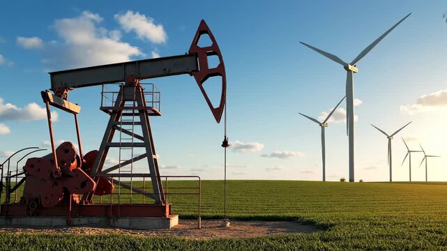 Fossil fuel extraction concept showing an old oil pump jack working in a green field with modern wind turbines in the background, representing the contrast between old and new energy sources