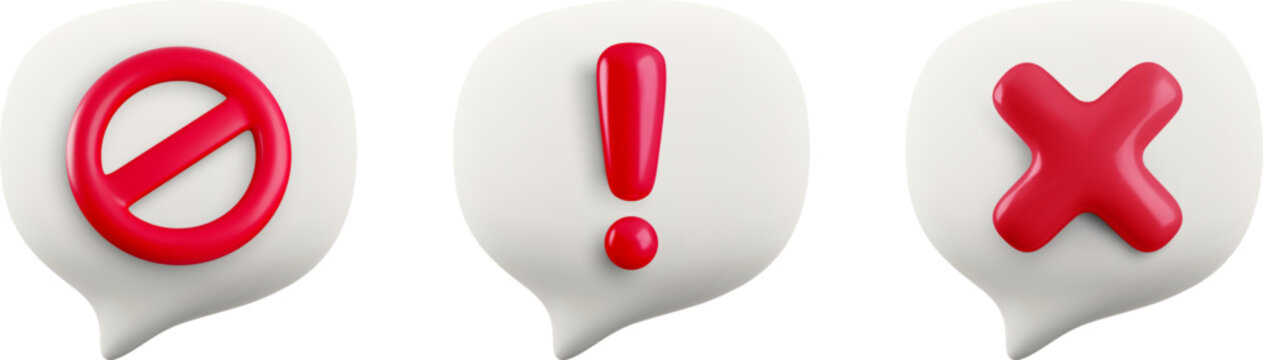 Vector cartoon minimal 3d prohibition speech bubble set with red attention signs. Realistic render block message icon, exclamation mark, ban or stop chat cross button, important info symbol for app.