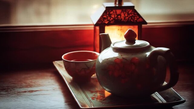 Ceramic teapot with cup and decorative lantern on wooden tray