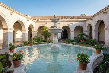 Fototapeta premium Traditional Colonial Courtyard with Central Stone Fountain and Potted Flowers under White Volcanic Arches in Arequipa Peru