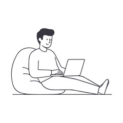 Simple outline drawing of man sitting comfortably working on laptop vector illustration © MDOmar