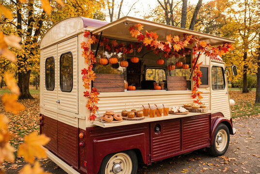 Cami&oacute;n de Comida Vintage Decorado para el Oto&ntilde;o en un Parque con Hojas Amarillas