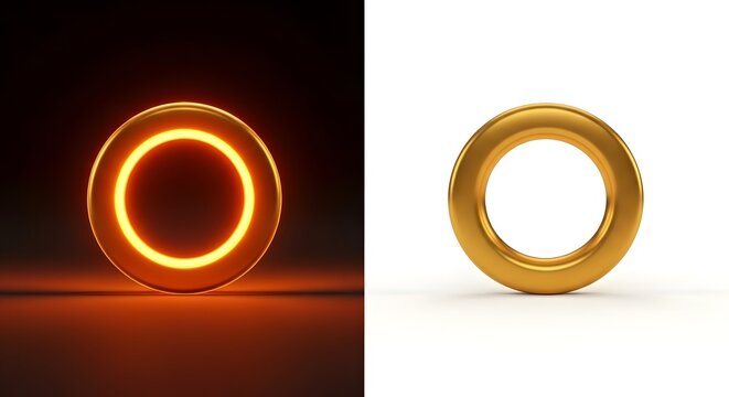 Comparison of a glowing neon orange ring and a solid gold ring, two sides split