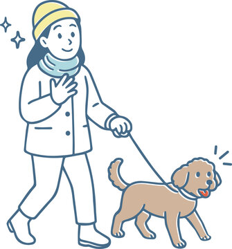 冬の寒い日に犬の散歩を楽しむ笑顔の女性のイラスト