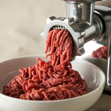 A close-up shot of raw minced beef being processed through a meat grinder into a white bowl