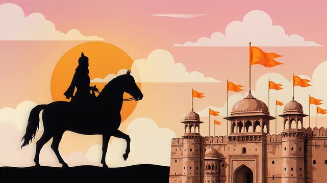 Chhatrapati Shivaji Maharaj silhouette at sunset fort backdrop