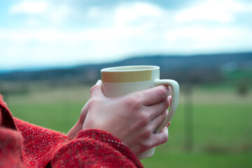 Young girl wrapped in plaid with cup of tea in hands
