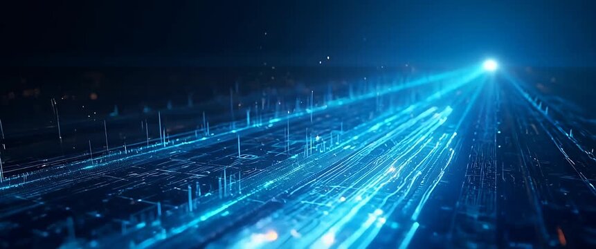 Futuristic digital grid pulses with light as the camera smoothly tracks forward, revealing glowing data streams and abstract cityscape in a cinematic, high-tech atmosphere.