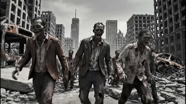 Horrifying horde of undead zombies slowly walking through a desolate, destroyed city, creating a terrifying post apocalyptic landscape scene with rubble and abandoned vehicles everywhere