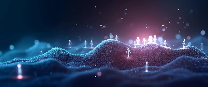 Cinematic digital landscape with tiny figures moving gently across glowing waves; the camera pans slowly, capturing the serene, ambient light flickering in a futuristic, abstract scene.